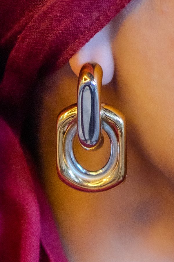 DOUBLE SQUARE TWO TONE EARRINGS