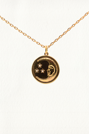 STARS AND CRESCENT MOON FACE GEM STONE COIN PENDANT NECKLACE - Image 1