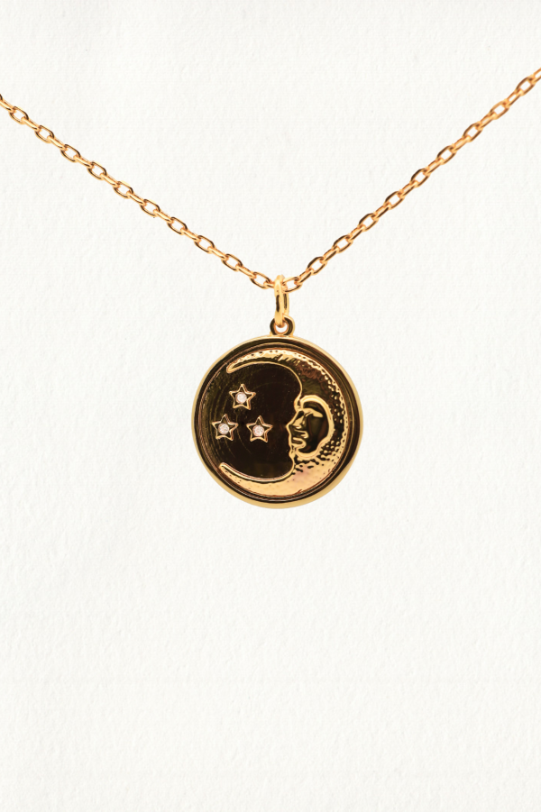 STARS AND CRESCENT MOON FACE GEM STONE COIN PENDANT NECKLACE