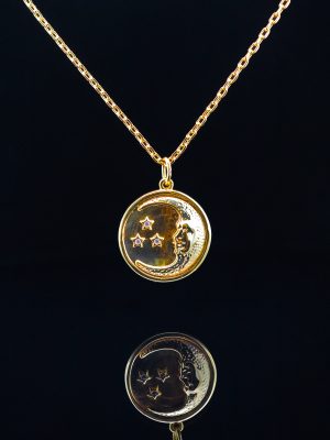 STARS AND CRESCENT MOON FACE GEM STONE COIN PENDANT NECKLACE - Image 2
