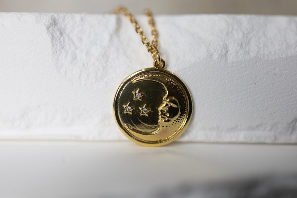 STARS AND CRESCENT MOON FACE GEM STONE COIN PENDANT NECKLACE