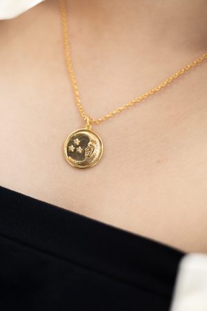 STARS AND CRESCENT MOON FACE GEM STONE COIN PENDANT NECKLACE - Image 4