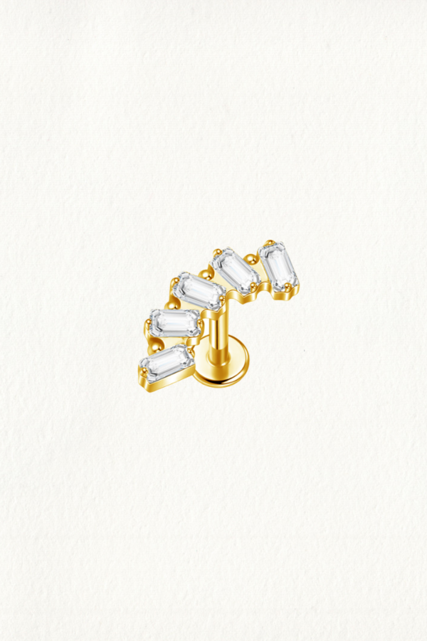 GOLD FIVE BAGUETTE CURVE THREADED STUD EARRING