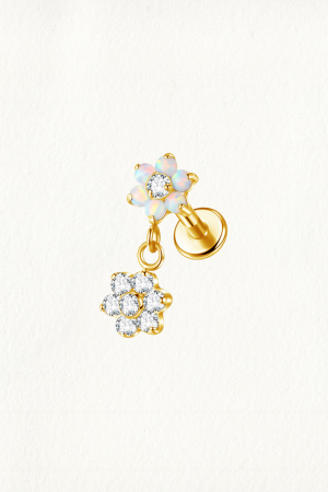 GOLD FLOWER OPAL ZIRCON DANGLE THREADED STUD EARRING