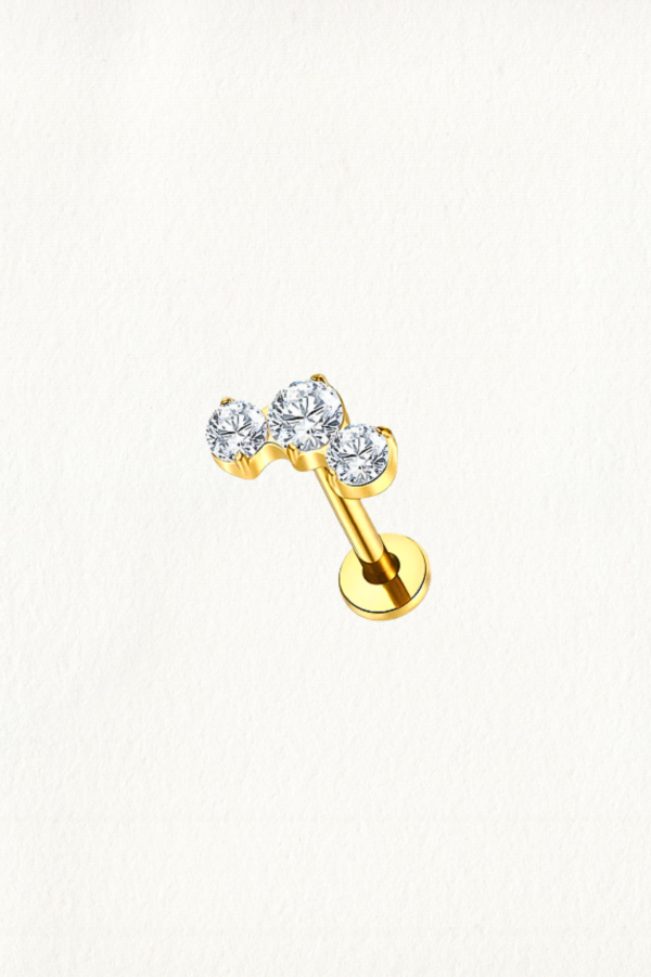 GOLD THREE ROUND CUT CURVE THREADED STUD EARRING