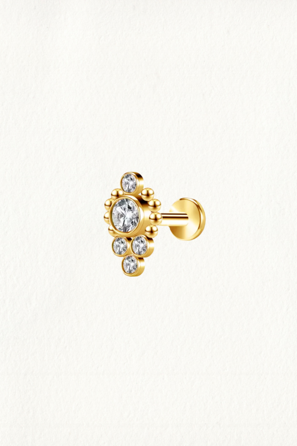 GOLD FOUR ZIRCON BALLS TRIO THREADED STUD EARRING