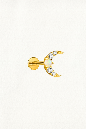 GOLD OPAL ZIRCON CRESCENT MOON THREADED STUD EARRING
