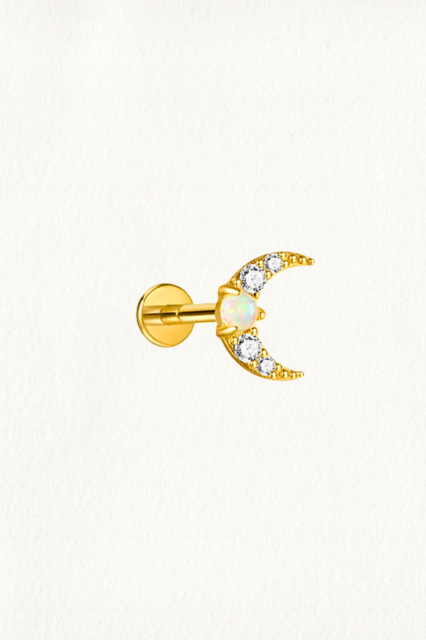 GOLD OPAL ZIRCON CRESCENT MOON THREADED STUD EARRING