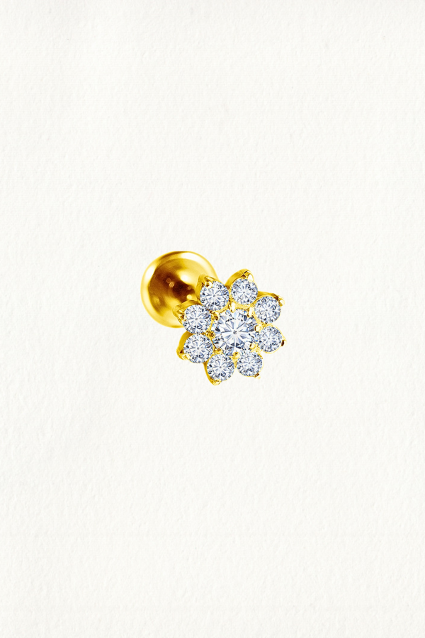 GOLD SINGLE ZIRCON FLOWER THREADED STUD EARRING